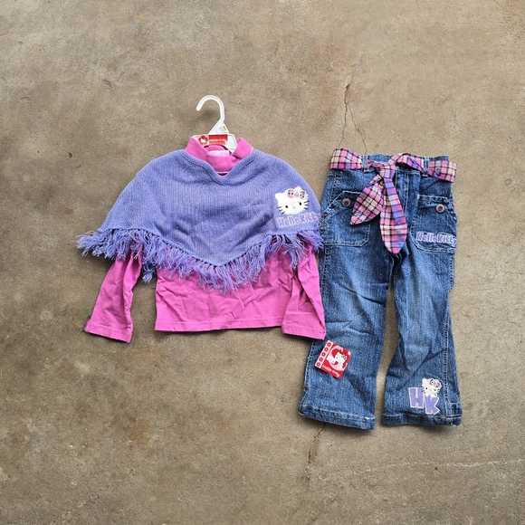 VTG Y2K Sanrio Hello Kitty Girls Youth 3T Shirt Set Poncho Outfit Deadstock